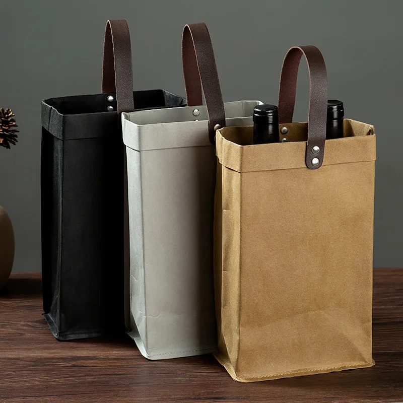 High Quality Eco Friendly Reusable Durable Wine Tote Bag Washable Kraft Paper Handbag Gift Bags