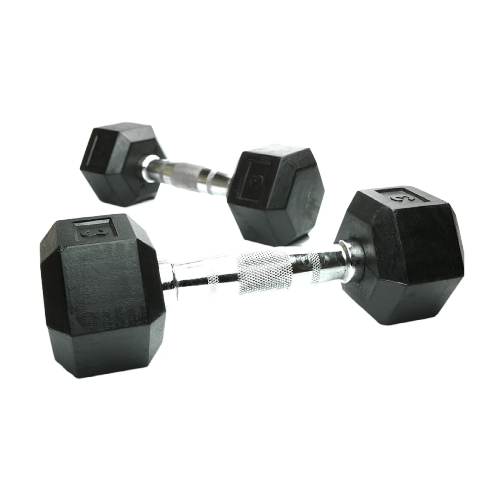 high quality fitness 5-100LB hex rubber dumbbell with steel core and Arc handle dumbbell
