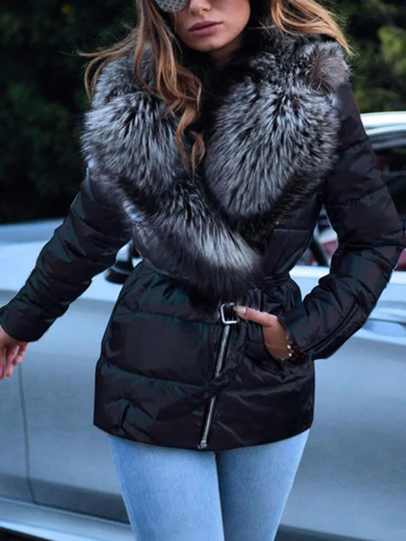 Wholesale New Fashion Women Girls Turn-Down  Big Fur Collar Design Warm  Plus Size Zipper Belt Winter Padded Coat women