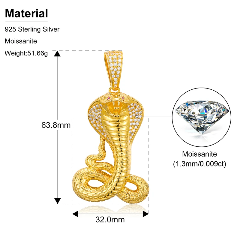 Hot sale Cobra Pendant Hip Hop Jewelry Gold Plated 925 Sterling Silver VVS Moissanite Iced Out Pendant necklace
