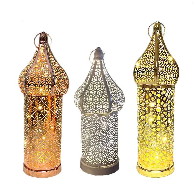 New Moroccan Retro Hollow Led Wind Lamp White Iron Lantern Hotel Home Bedroom Living Room Atmosphere Ramadan Decorative Lamp