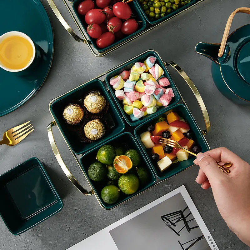 Malachite Green Ceramic six-grid dry fruit plate sub-grid with Iron Rack Living Room Candy Melon Seeds Three Grid Plate Snack su