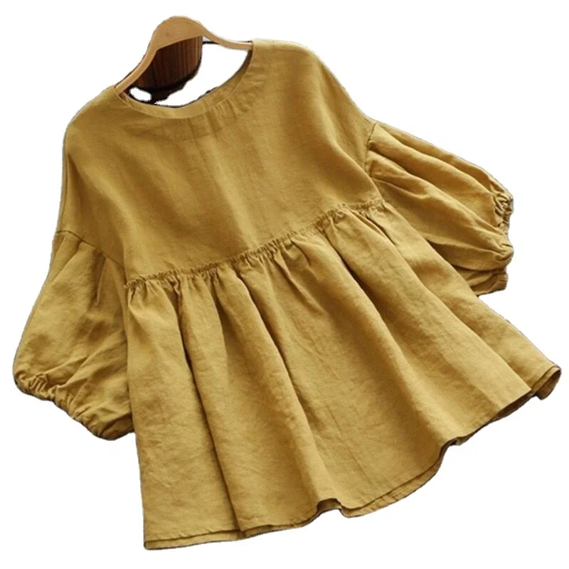 2021 New casual linen shirts for ladies long skirt long sleeve linen women clothing blouse