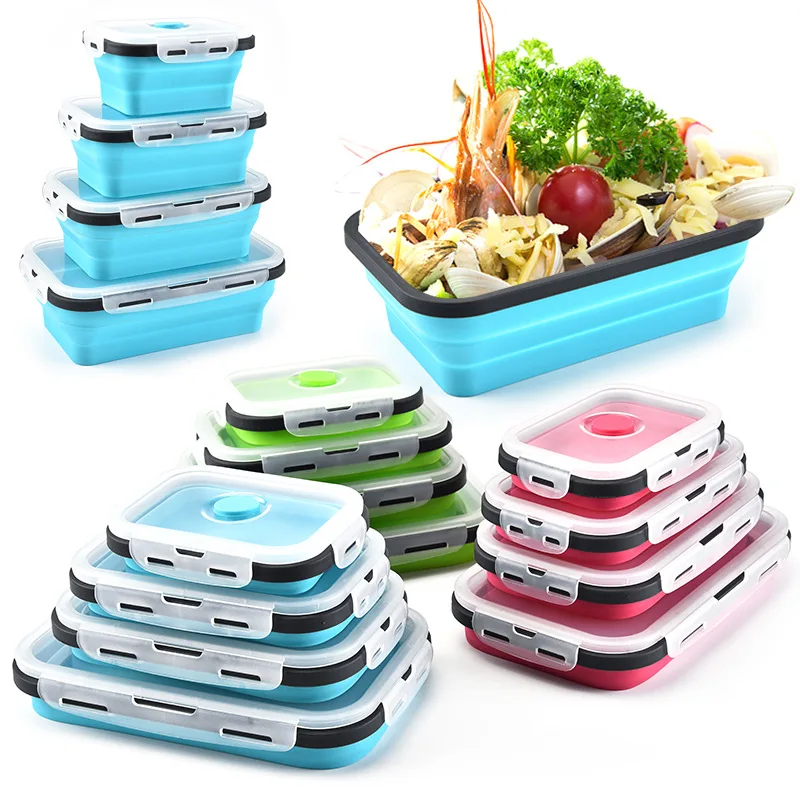 4 pcs clear food storage sealed container box japanese custom  plastic silicone adult collapsible bento lunch box