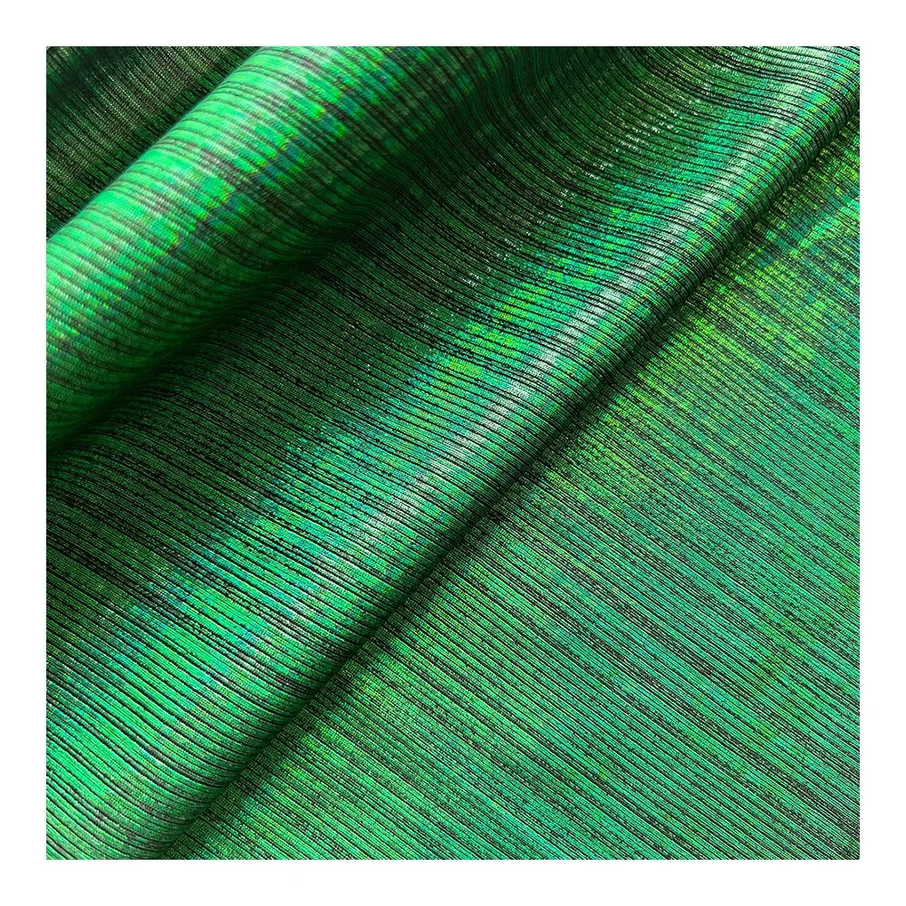 Eco-friendly Wholesale Satin Shinny Liquid Stretch Crystal Laser Holographic Pleated Silk Lurex Metallic Knit Foil Coated Fabric Lurex