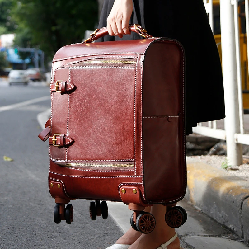 New leather retro trolley case 20 inch 360 Degree Wheels travel suitcase vegetable tanned leather hand luggage