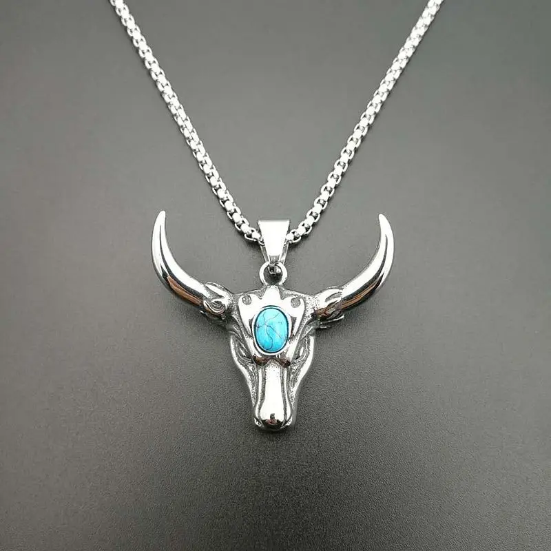 Vintage punk jewelry stainless steel turquoise bull head necklace