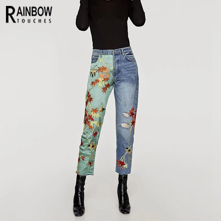 New Fashion Satin Embroidery High Waist Women Denim Jeans