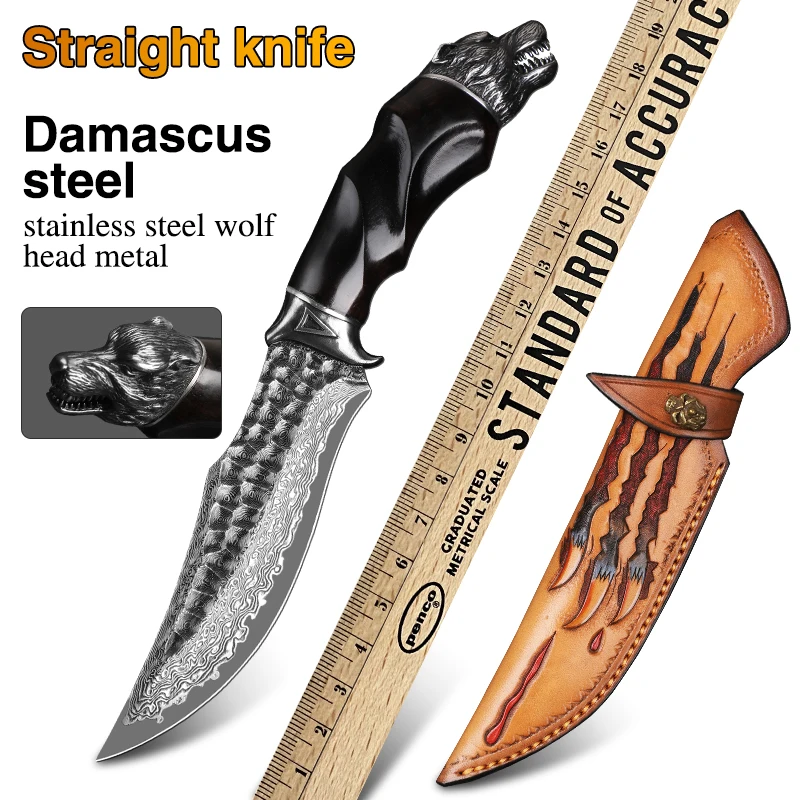 Pocket Knife damascus steel blade and Ebony Handle with stainless steel wolf head metal  for Outdoor Tactical Survival