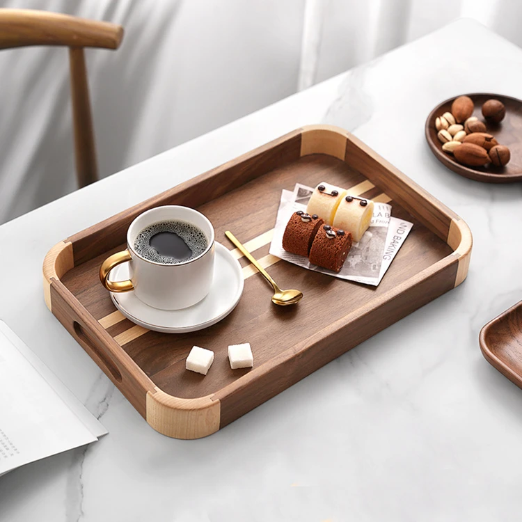 Wholesale Custom Kitchen Home Decorative Rustic Wooden Coffee Food Serving Walnut Tray