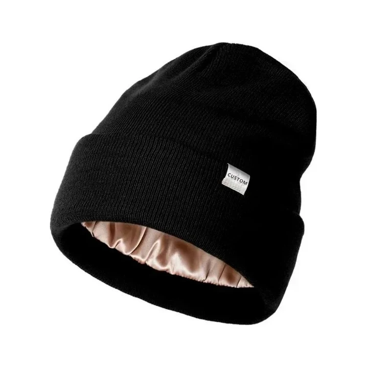 2022 Satin Lined Knit Beanie Hat Custom Soft Acrylic Winter Hats for Women Men Silk Lining Cuffed Beanie Hat