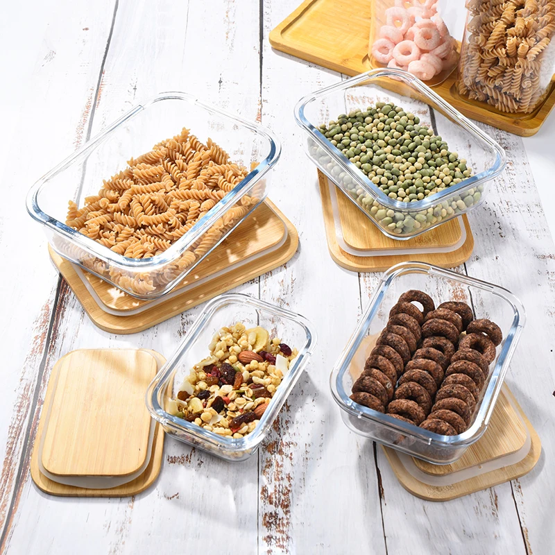 Oven Safe Glass Food Container With Bamboo Lid Meal Prep Glass Food Container  Set With Bamboo Lid
