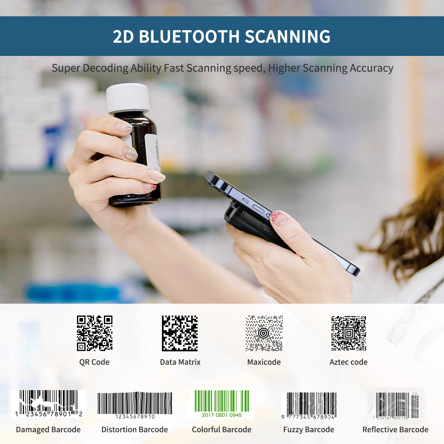 QR Bluetooth Barcode Scanner Mini Wireless Back Clip-on Phone Bar Code Scanner for QR PDF417 Data Matrix Code Reader