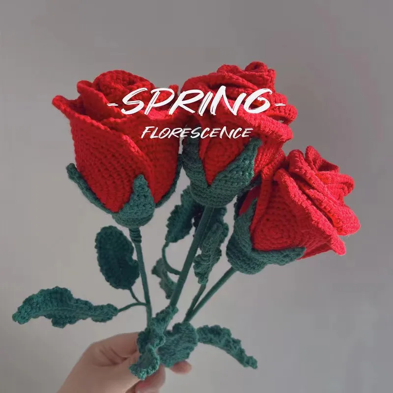 wholesale colorful  Handmade Crochet knitting woolen yarn Artificial red rose Bouquet for gift