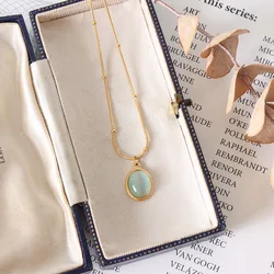 Oval Sky Blue Cymophane Opal 316L Stainless Steel Necklace Clear Stone 18K Gold Plated Necklaces Women French Vintage Jewelry