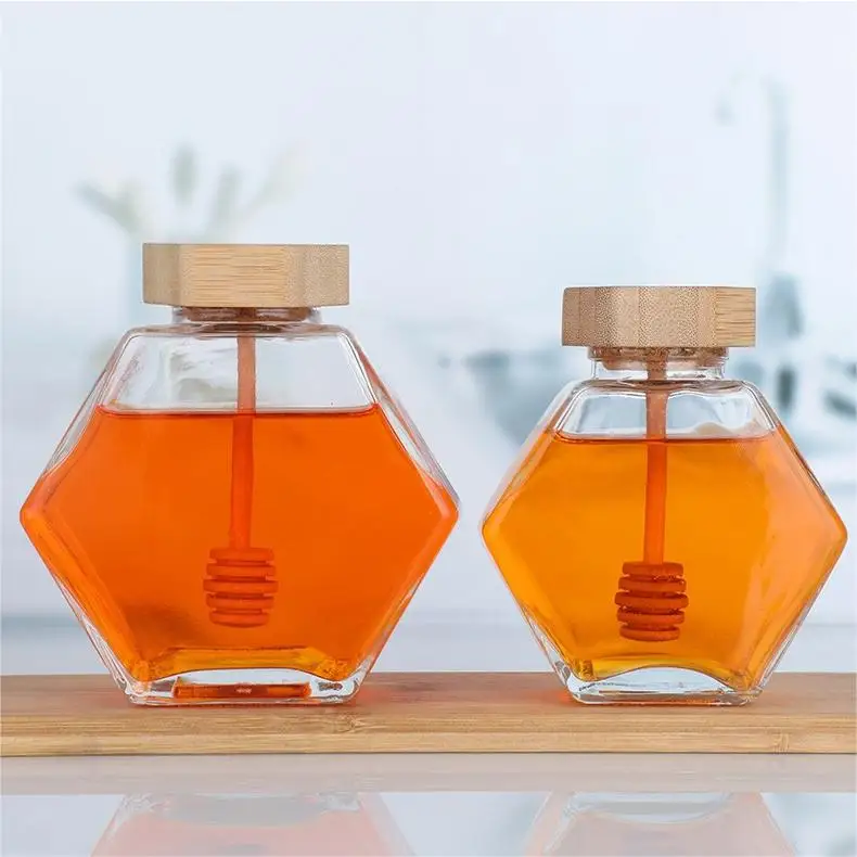 Custom Logo 220ml 380ml Empty Luxury Stirring Dipper Hexagonal Jelly Jam Glass Honey Jar