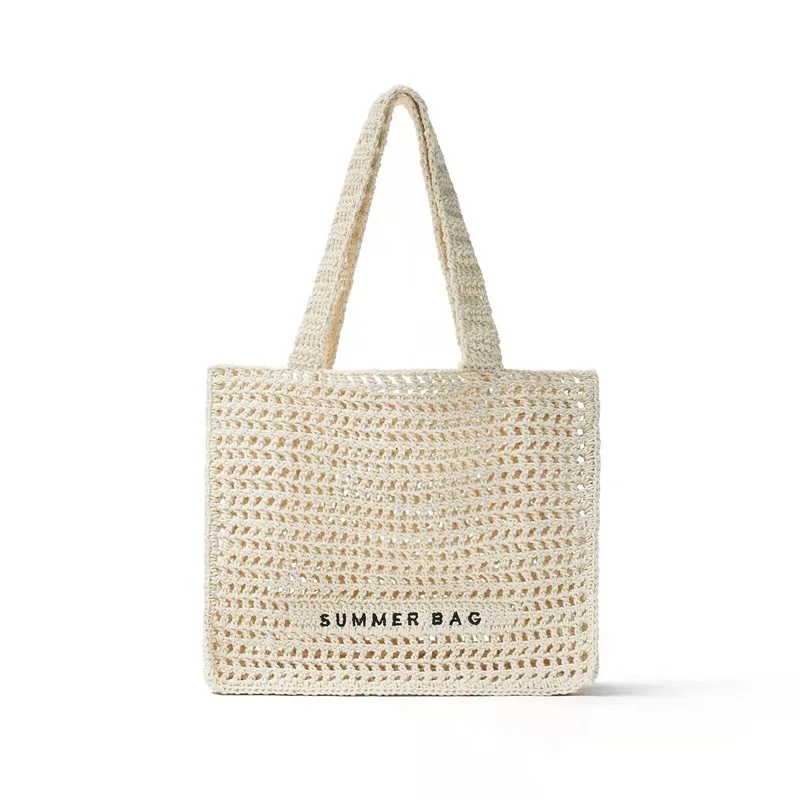 Solid Color Simple Summer Holiday Hollowed Out Cotton Crochet Tote Bag Beach Handbag Women Casual Knit Shoulder Bag For Female