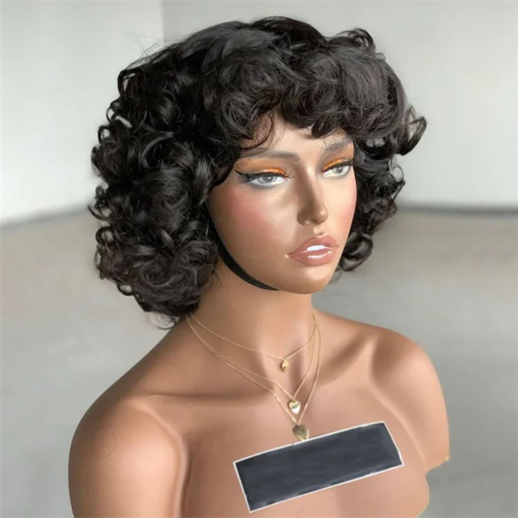 Лидер продаж, красота, дешевая оптовая продажа, парик из человеческих волос, афро короткие вьющиеся натуральные необработанные человеческие волосы, бразильский парик с бахромой для чернокожих женщин