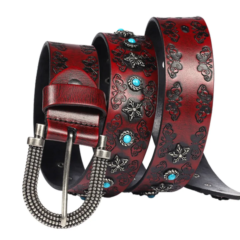 New vintage embossed rivet Turquoise inlaid high-grade ethnic style personalized decoration versatile belt