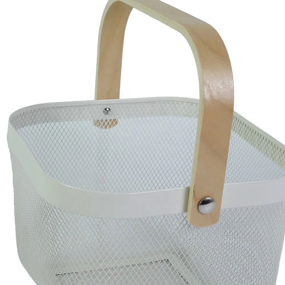 Hot selling metal white household fruit and vegetable storage basket with a wood handle