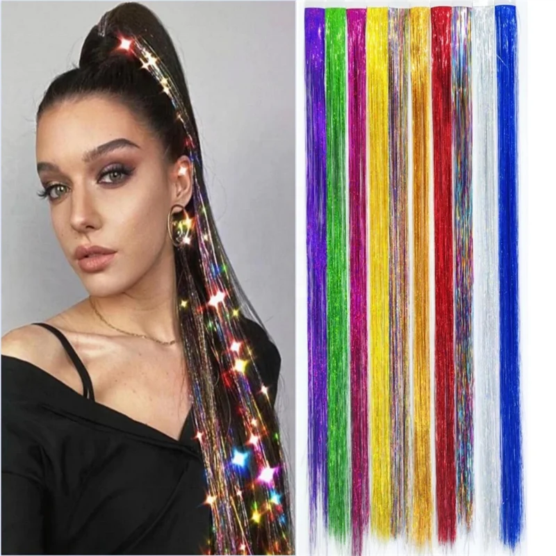 New Arrive 24 inches Shinny Party Highlights Glitter Synthetic Tinsel Hair Extensions Tape in  Hair Tinsel Tape Hair