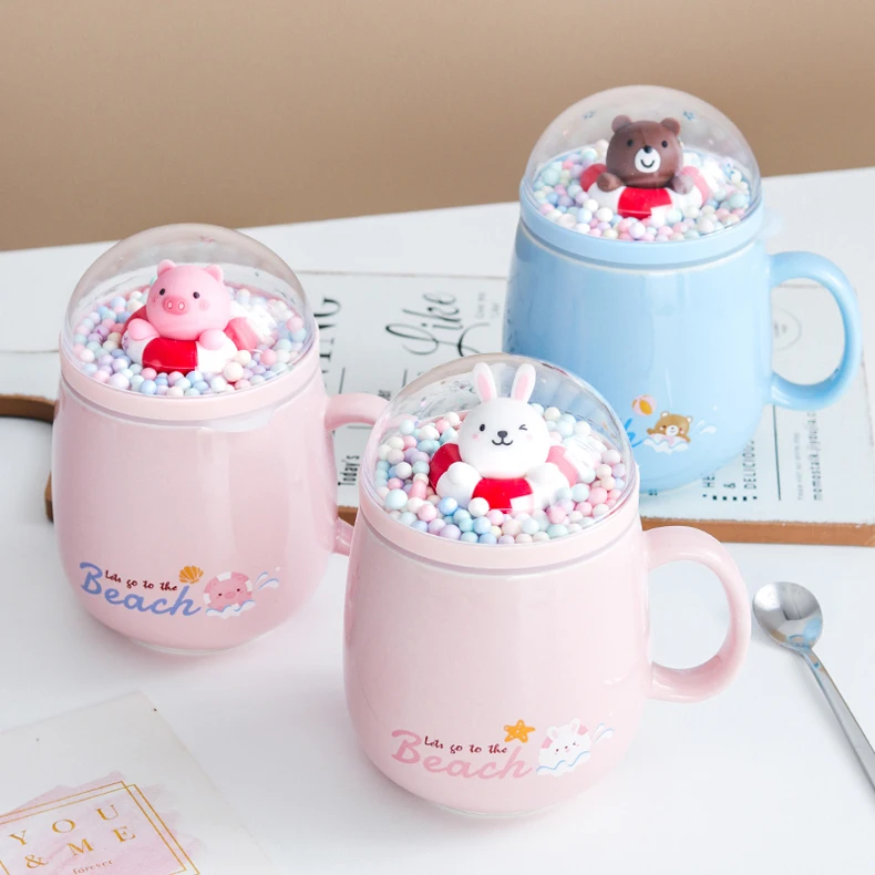 Cartoon Animal Micro-landscape Swimming Ring Ceramic Cups Coffee Mug Couple Water Cup With Lid Spoon