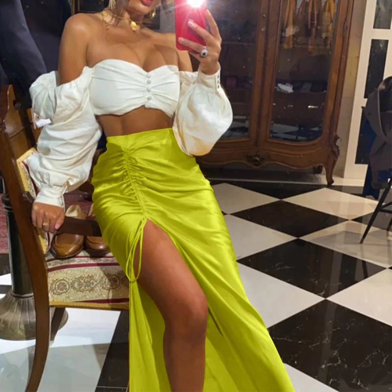 YOUSHINE Spring Summer Fashion Women Y2K Sexy Drawstring Lace Up Ruched High Waist Satin Slit Midi Skirt Zipper Slim Fit Skirt