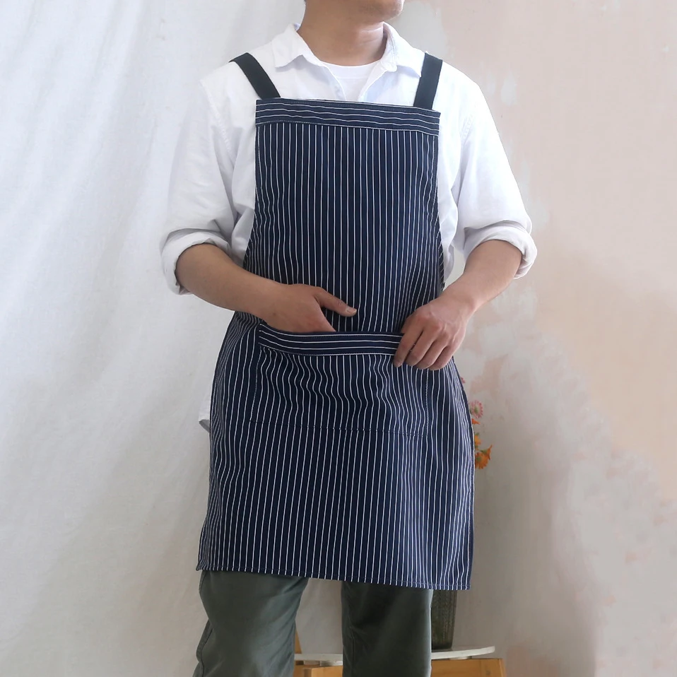 Professional Waterproof White Stripe Apron Cooking Chef BBQ Kitchen Bib Striped Apron with Pockets