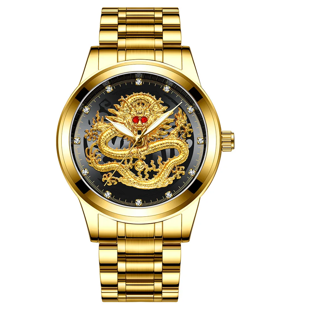 FNGEEN S336 Luxury Gold Hot Selling Dragon Quality Pattern Luminous Color Mens Stainless Steel Band Quartz Watch For Men Relojes