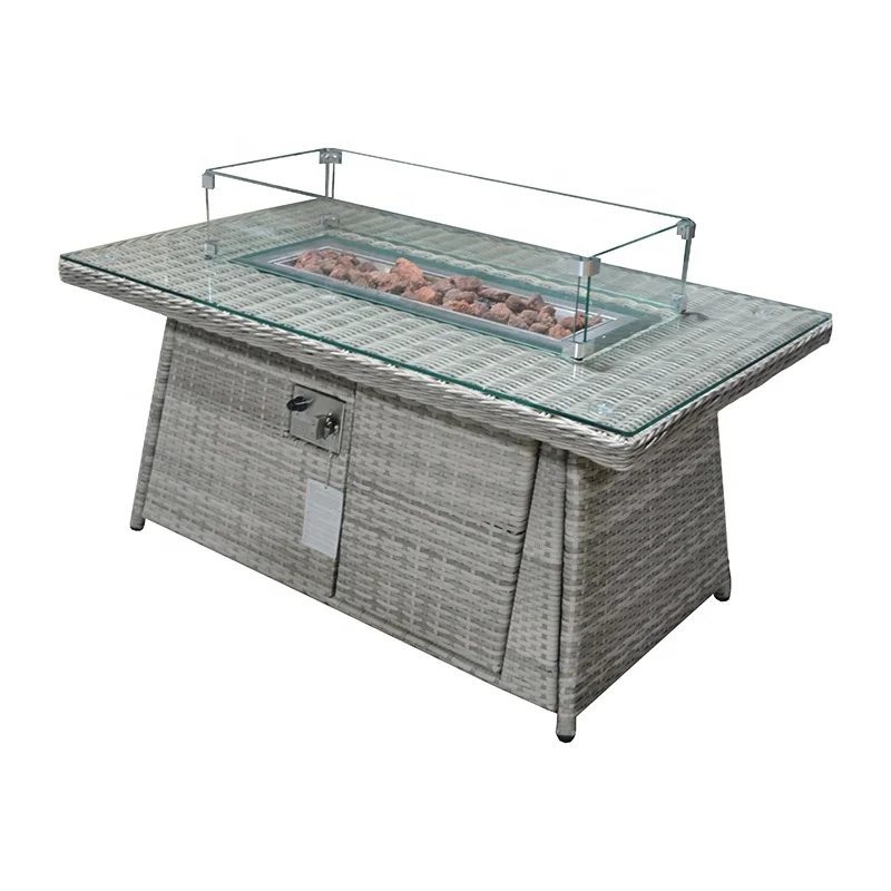 Luxury KD Patio Outdoor Garden Furniture Rattan Rectangular Fire Pit Dining Coffee Table 120*70cm With Glass Top