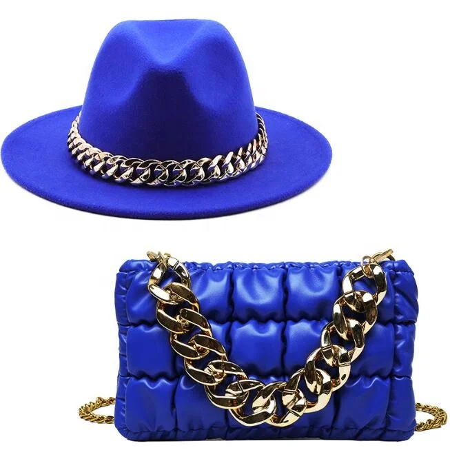 2022 New Fashion Style Ladies Hats Bags Sets With Metal Chain Soild Color Fedora Felt Hats And Handbags Sets
