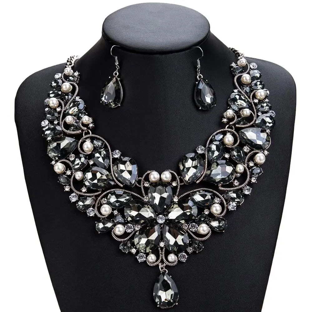 Exaggerated Big Glass Drill Drop Type Bridal Necklace Jewelry Set