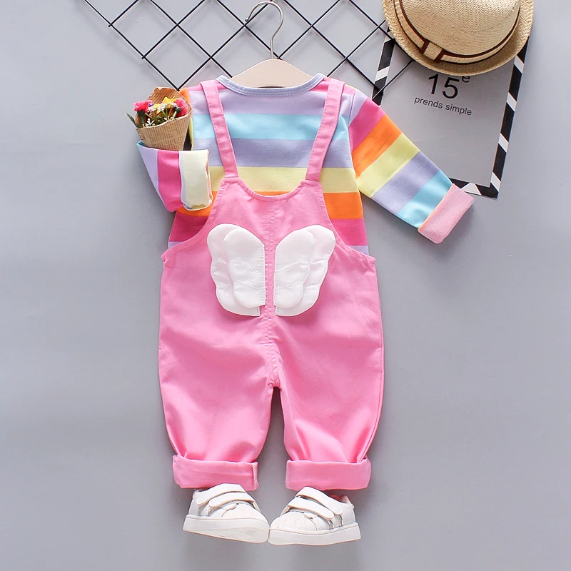 2021 wholesale Autumn stylish low price with good quality Tshirts+suspender trousers two pieces kids girls clothing suit