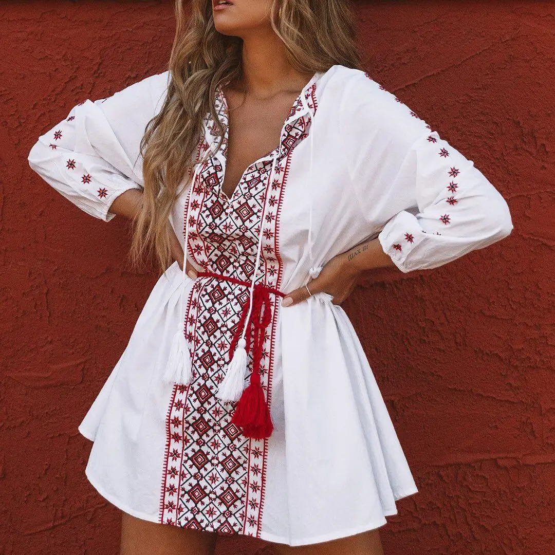 Woman Embroidery Long Sleeve Dress Elegant Ethnic Boho Bohemian White Clothes Beach Dresses For Women Party Bohemian Linen Dress