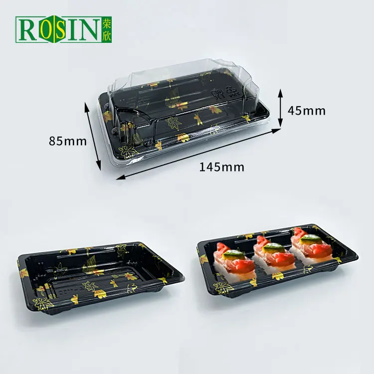 Custom Disposable japanese pack packaging biodegradables takeaway black square container to go box plastic sushi tray with lid