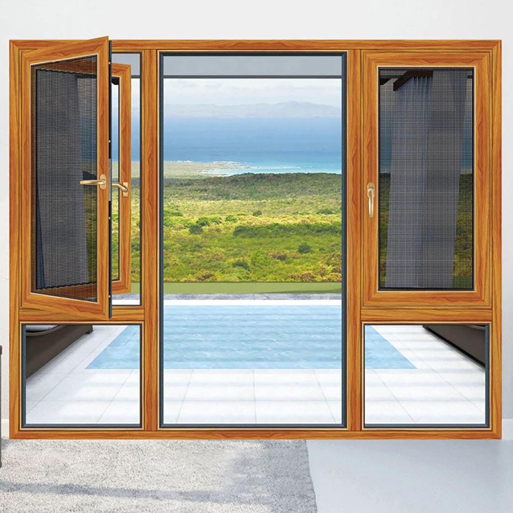 china manufacturer wood grain finish window italian style 3 glass design wood color frames casement aluminum window kerala