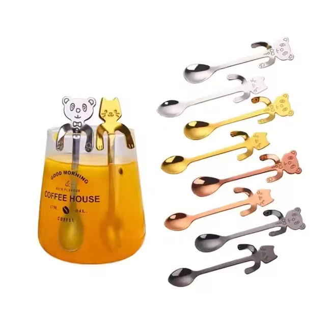 Cat Spoon Coffee Tea Spoon Set Stainless Steel Hanging Cup Teaspoons Mini Long Cute Kitten Stirring Dessert Spoon