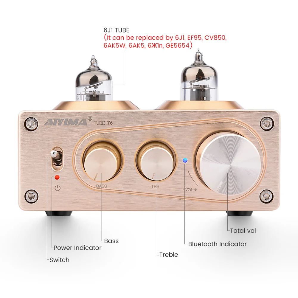 AIYIMA T6 5 0 BT 6J1 ламповый предусилитель усилитель HiFi Стерео AUX APTX с высокими басами и управлением тоном домашнего