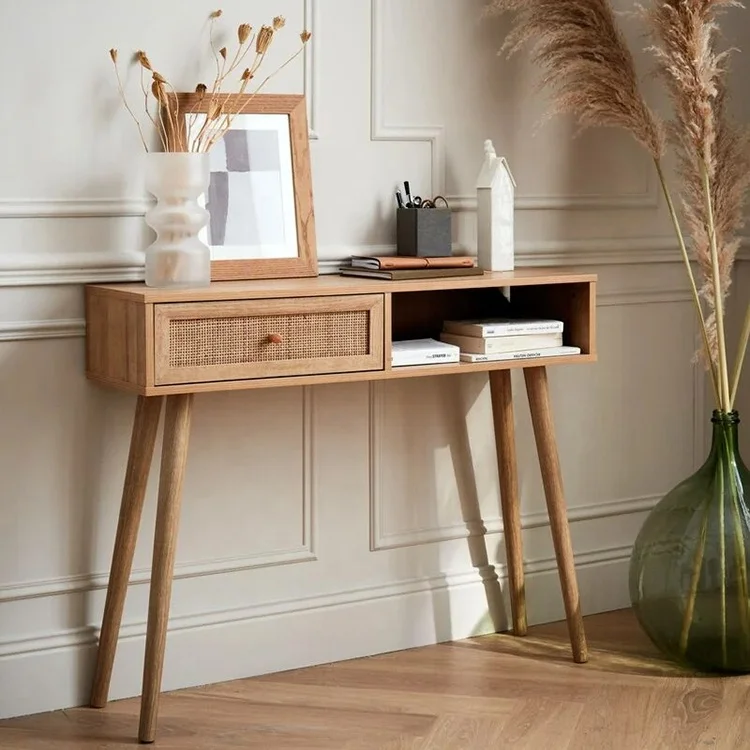 Modern cheap minimalist rattan wood pc table home office laptop computer desks with drawers, console table
