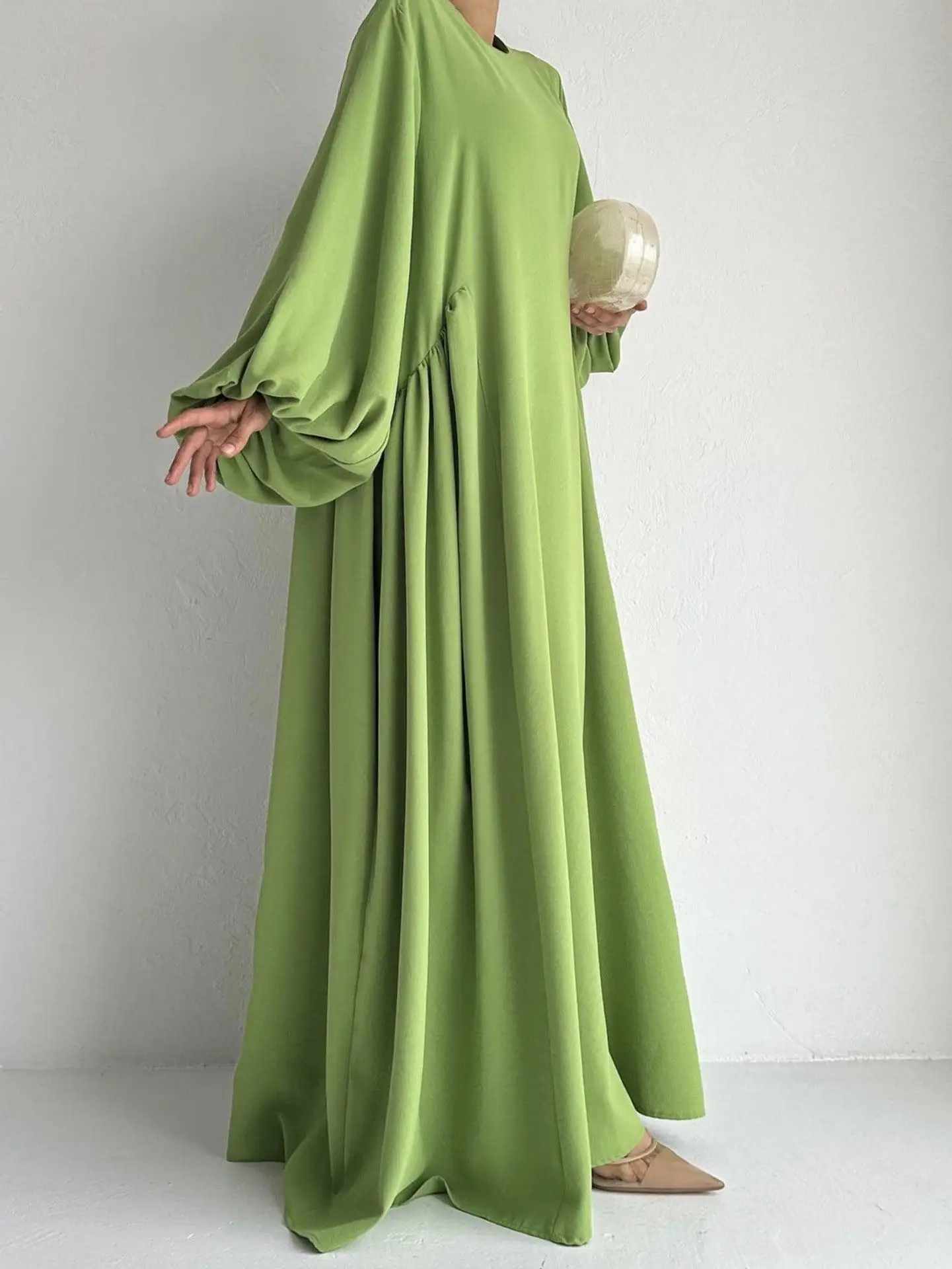 Modest Ladies & Girls Abaya Set with Simple Puff Balloon Sleeve Long Ethnic Work Khimar Silky Fabric Muslimah Style