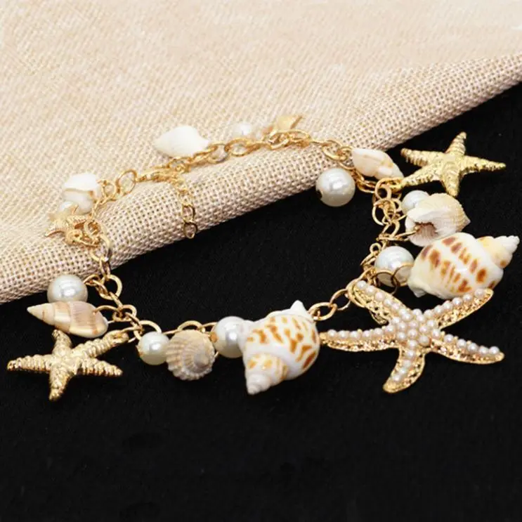 Wholesale jewelry Shell starfish conch shape charm gold plated Ocean Unisex Bohemia Style Boho Chic Bracelet