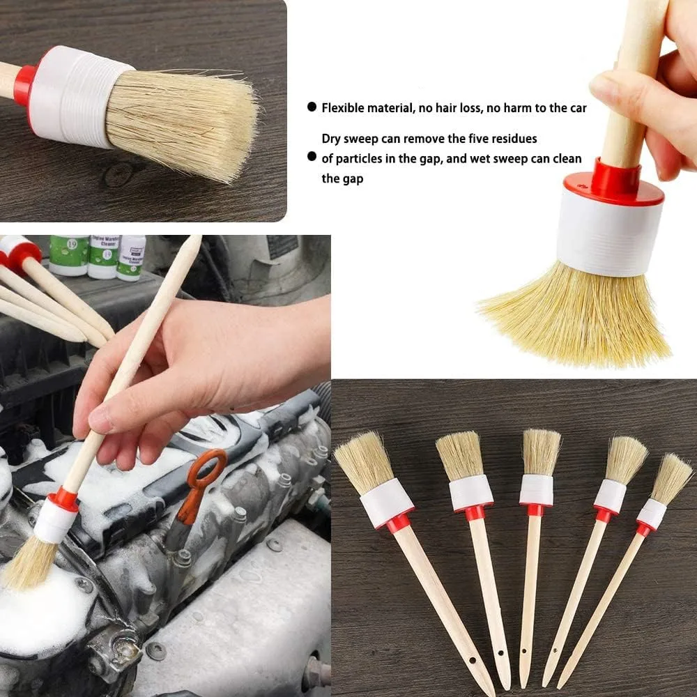 Car Detailing Brush Set Boar Hair Mixed Fiber Plastic Handle Automotive Detail Brushes Washing & Cleaning for Wheels, Interior