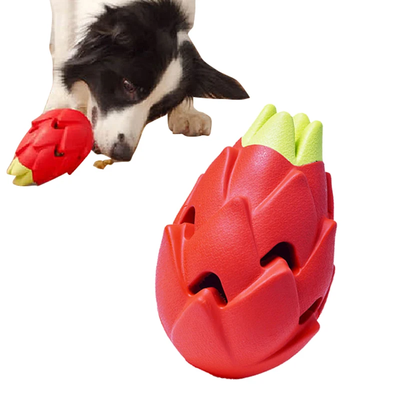 2024 Best Seller Pitaya Shaped Rubber Dog Toy Leaked Food Puzzle Feeder Treat Ball for Chewing Packaged in Bag