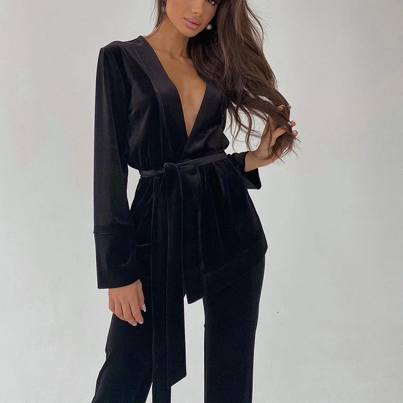 TWOTWINSTYLE Fashionable Solid Color Long Sleeve Belt Gather Waist 2 Piece Sets For Women