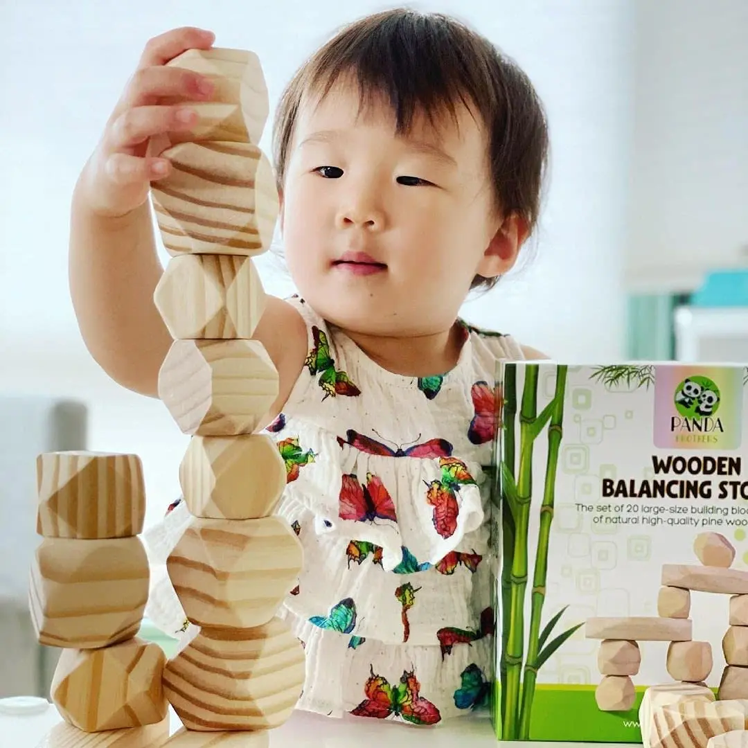 Natural Pine Balance Rock Set Preschool Sensory Kids Stacking Block Toys