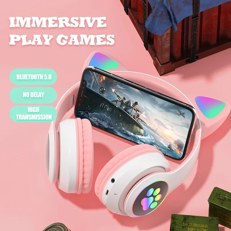 Дропшиппинг милые наушники с кошачьими ушками RGB-подсветкой складные беспроводные BT для детей