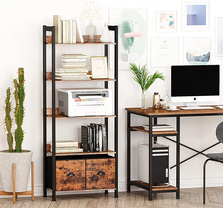 5 Tier Book Shelf Wooden Bookshelf Rustic Bookshelves Living Room Wood and Metal Storage Shelf with 2 Storage Drawers