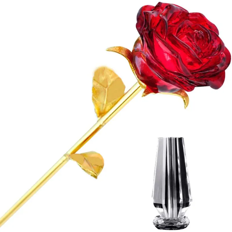 Hot sale blue glass crystal rose flower with vases for wedding decoration or souvenirs