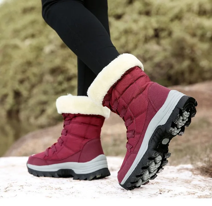 New Style Solid Color Plush Warm Waterproof Snow Boots Fashion Lace Up Outdoor Casual Winter Boots For Women