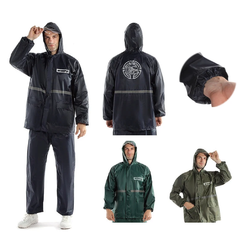 Custom Logo Hiking Farm Work Rain Jacket Man Polyester Hooded Rainsuit Pants Outdoor Hunter Fashion Men Raincoat For Adults
